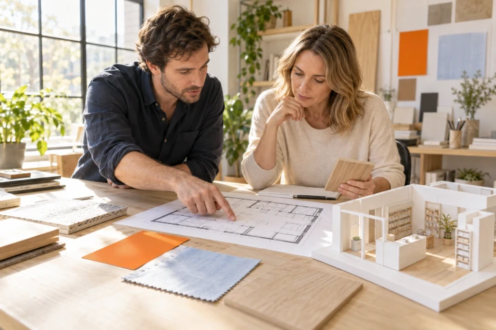 Twee mensen aan een tafel bekijken een plattegrond naast materiaalstalen en een maquette van een winkel